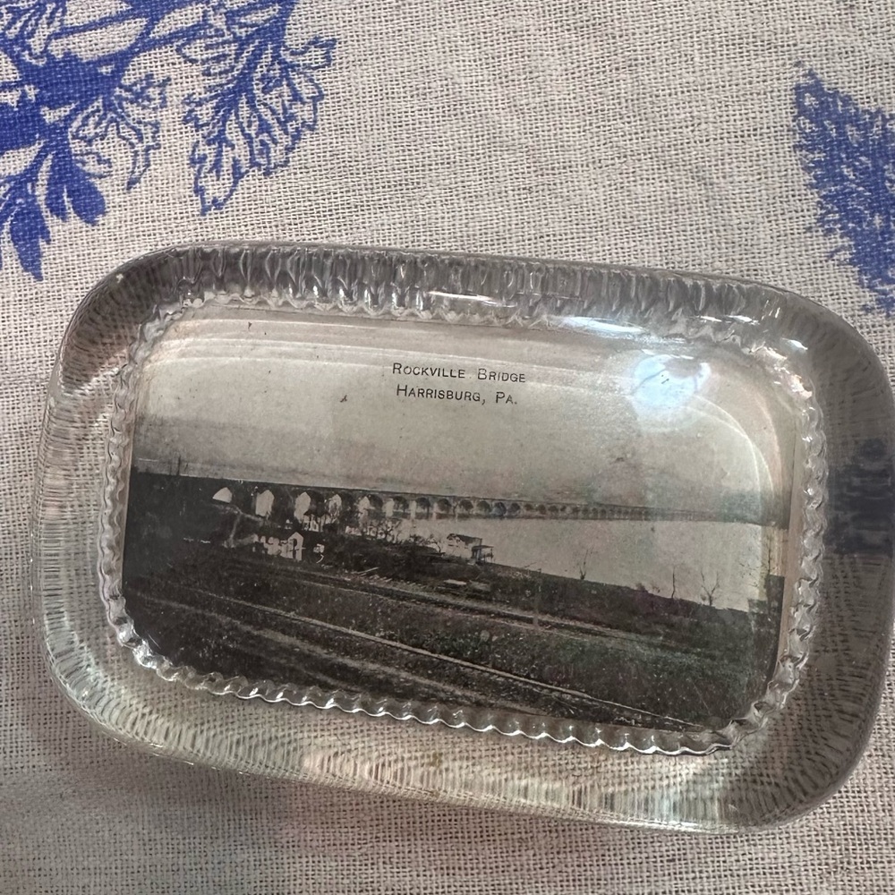 Vintage Clear Glass Paperweight with Harrisburg Rockville Bridge Photograph